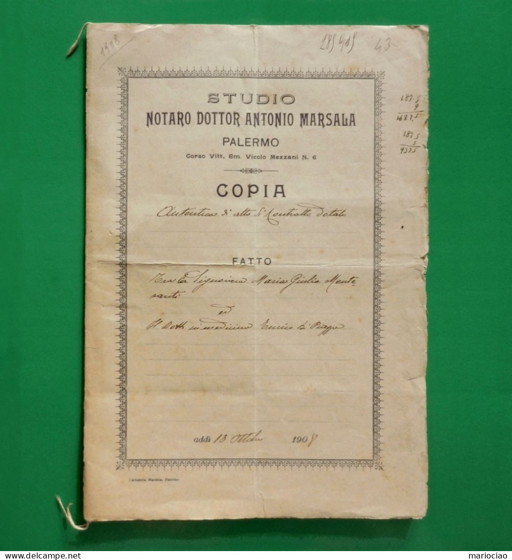 D-IT Regno D'Italia PALERMO 1908 CONTRATTO DOTALE Con 1 Marca Fiscale - Documentos Históricos