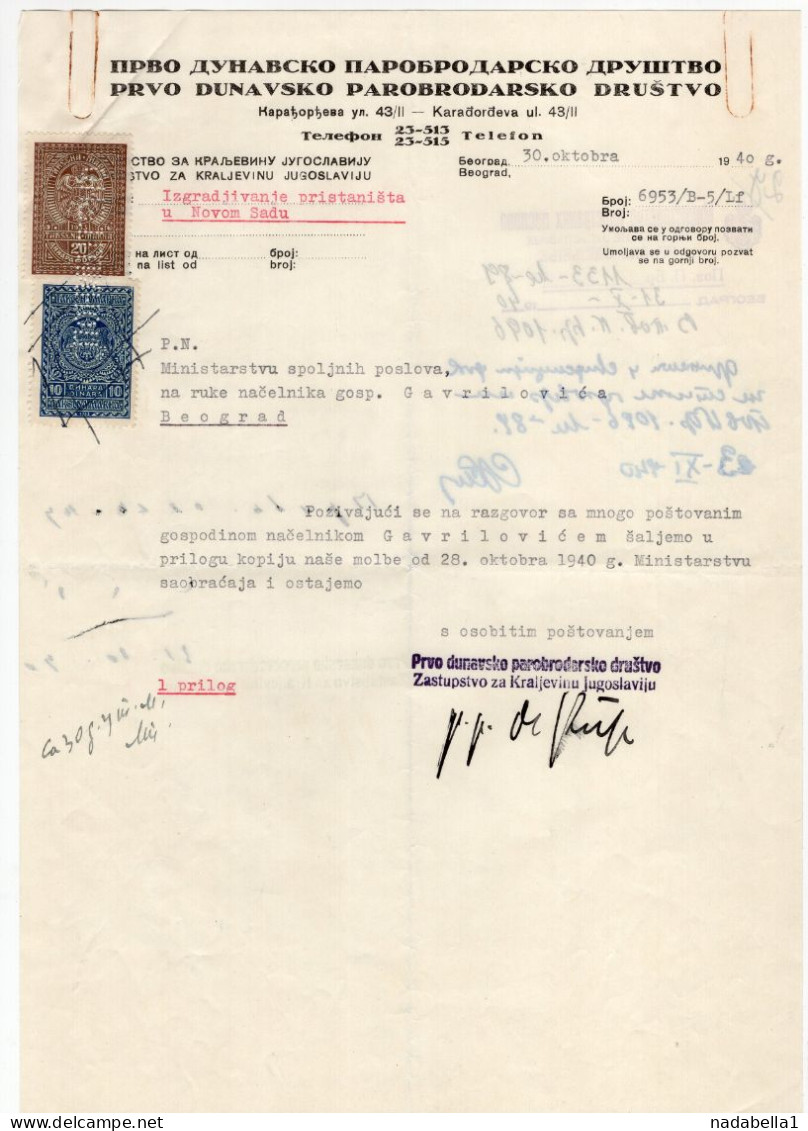 1940. KINGDOM OF YUGOSLAVIA,BELGRADE,THE FIRST DANUBE STEAMSHIP SOCIETY,LETTER TO  MINISTRY REG. NOVI SAD DOCK,REVENUE - Covers & Documents