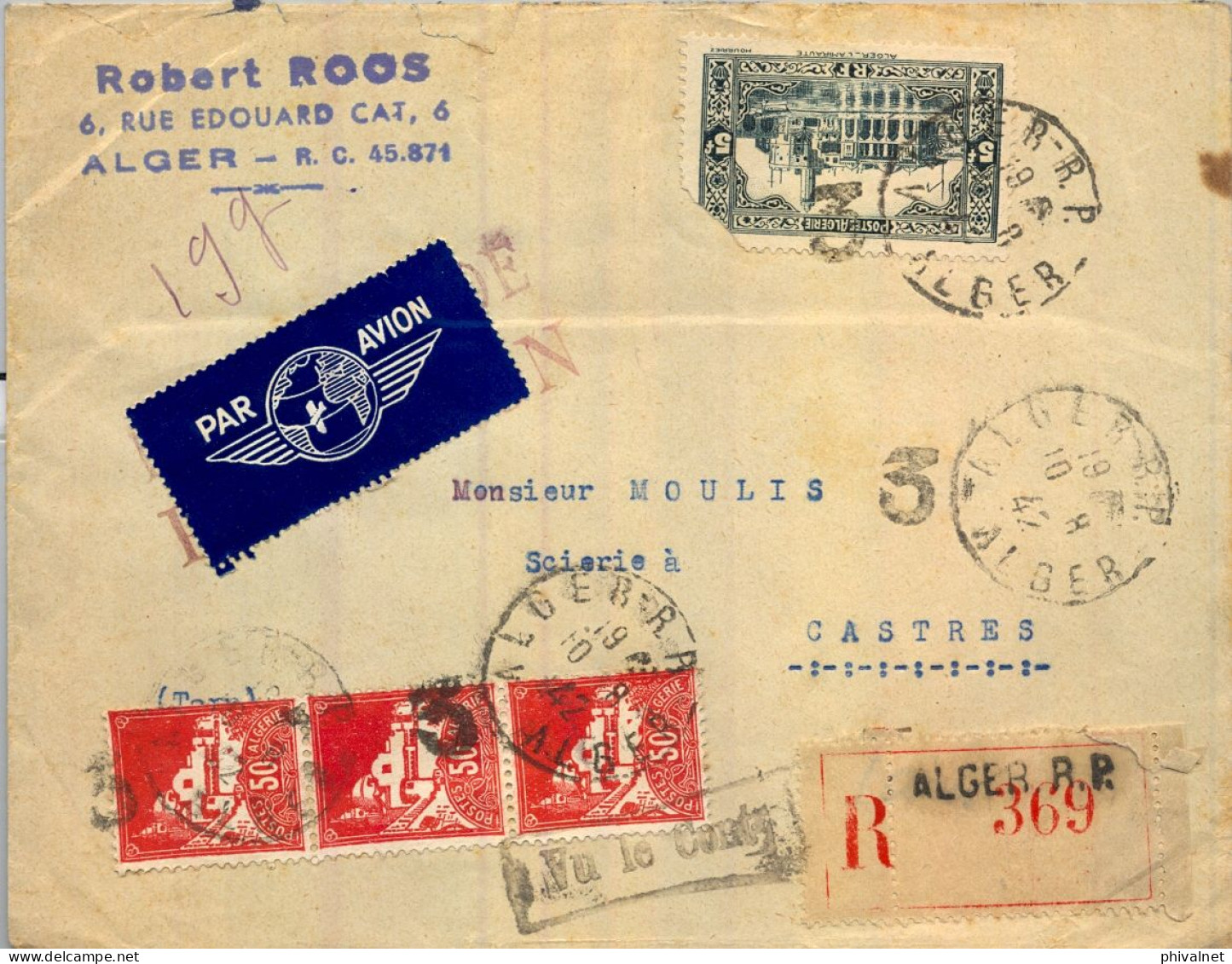 1942 ARGELIA , ALGER - CASTRES , SOBRE CERTIFICADO , CORREO AÉREO - Lettres & Documents