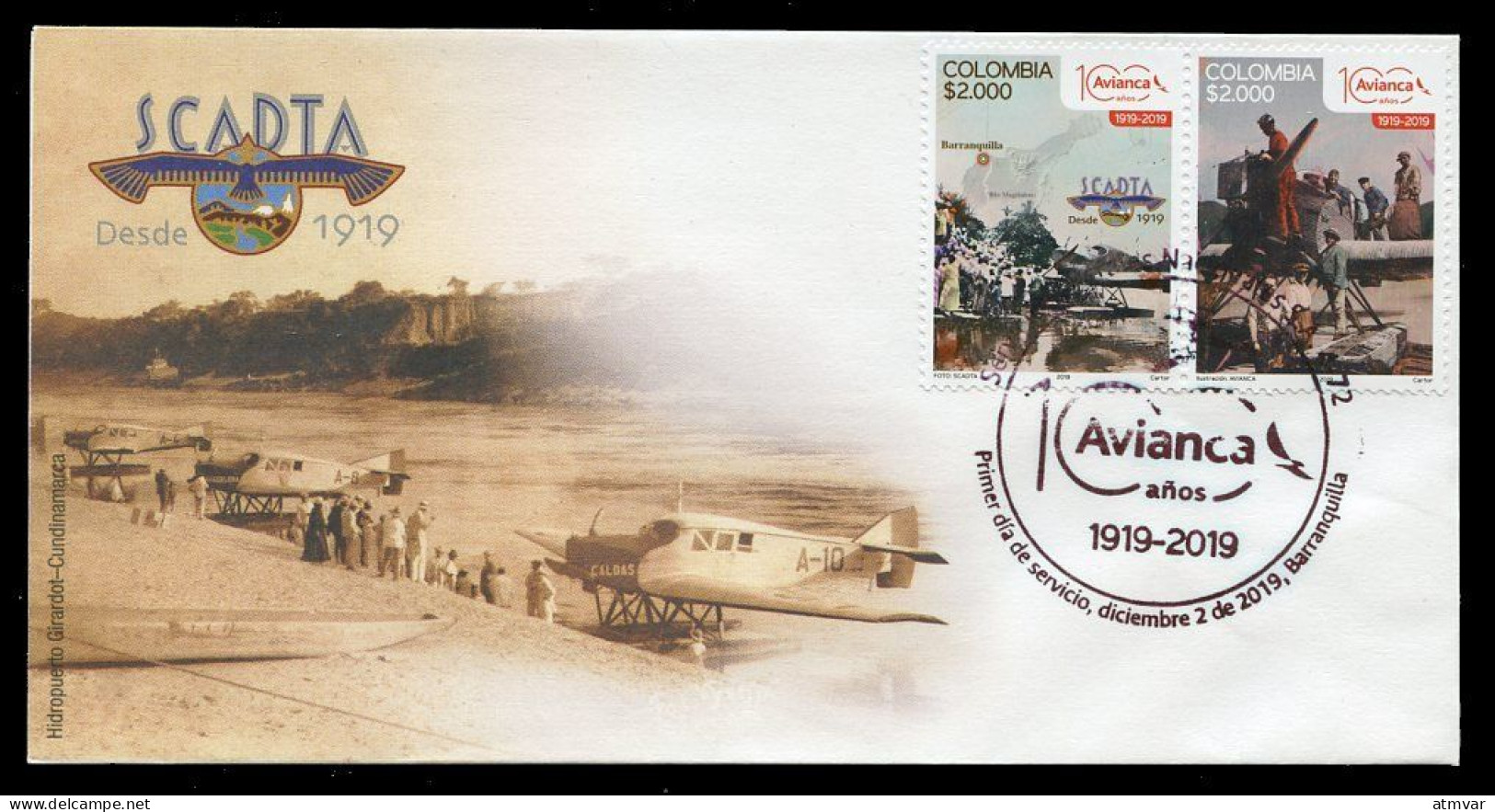 COLOMBIA (2019) First Day Cover - 100 Años AVIANCA SCADTA, Hidroavión Junkers F 13 Seaplane, Hydravion, Wasserflugzeug - Colombia