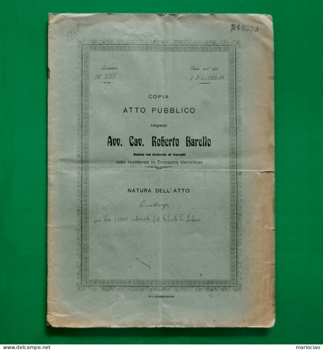 D-IT Regno D'Italia VERCELLI 1928 ATTO CAPPELLANIA LAICALE VALLERIS In Salasco 3 Marche Fiscali - Historical Documents