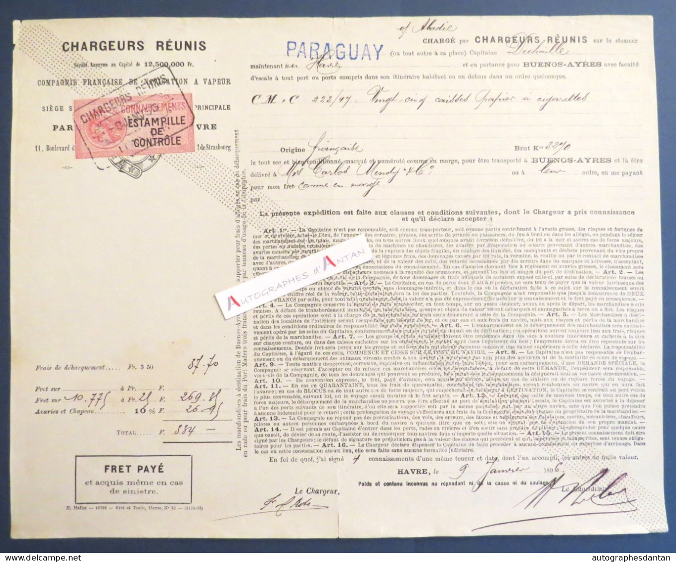 ● Chargeurs Réunis Le Havre 1896 Steamer PARAGUAY Capitaine Dechaille Papier à Cigarette Connaissement Maritime - Transports