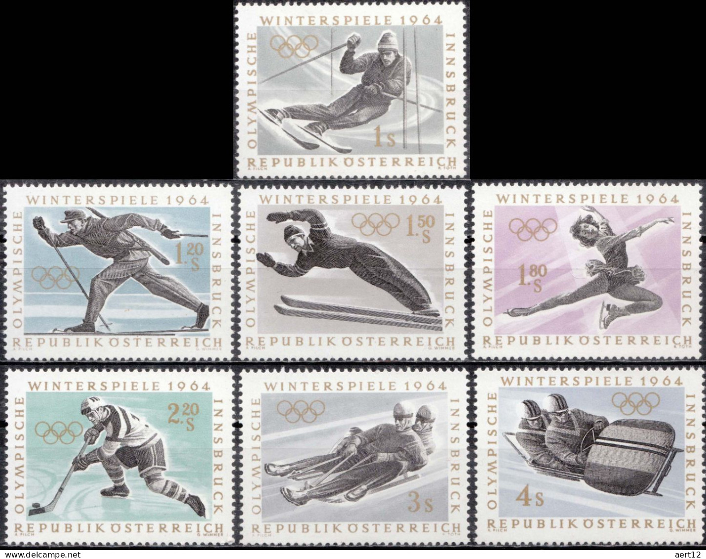 1963, Austria, Olympic Winter Games - Innsbruck, Biathlon, Bobsleigh, Figure-skate, Ice-hockey, MNH(**), Mi: 1136-1142 - Unused Stamps
