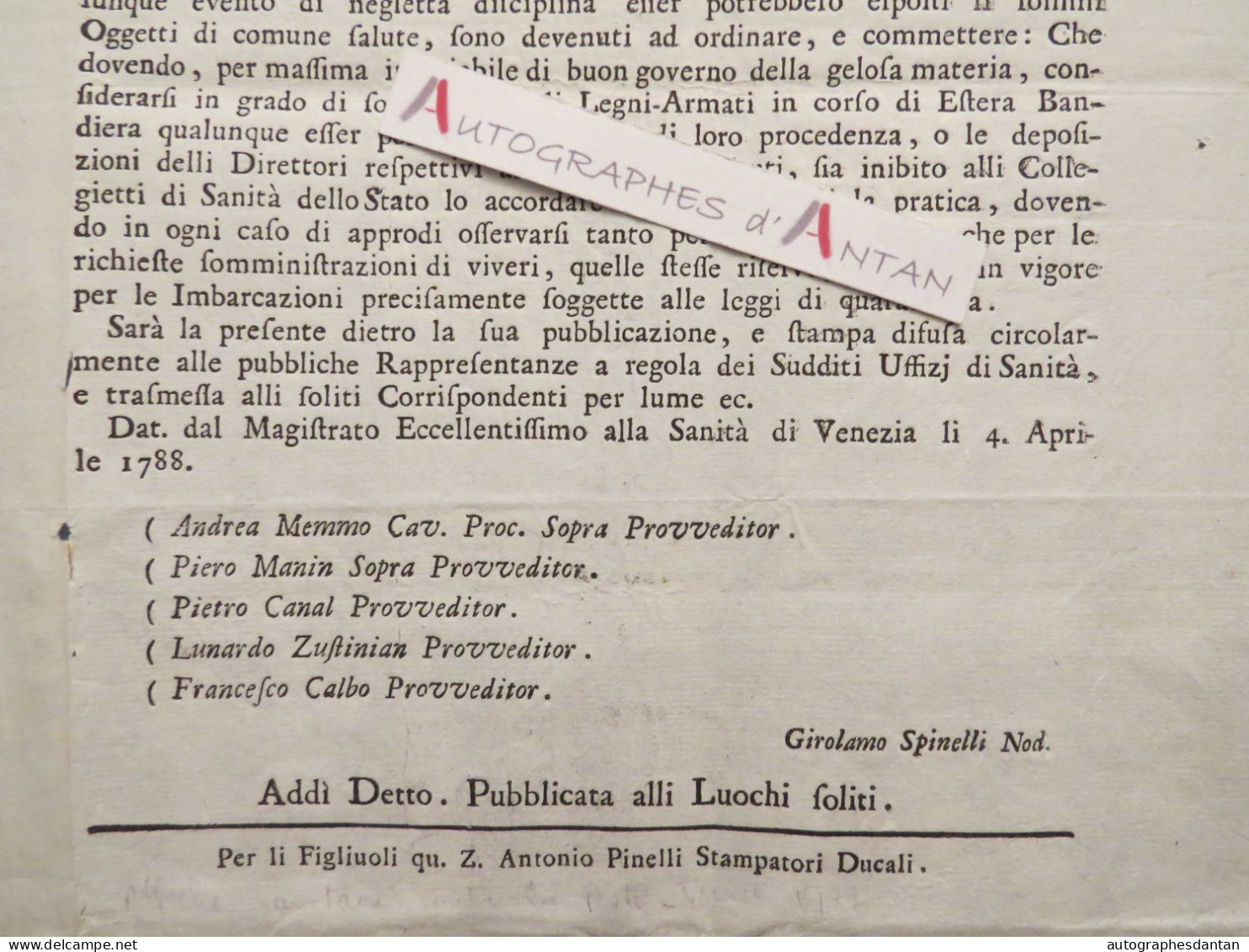 ● VENEZIA 1788 Navigation Armateurs Santé - Venise Italia Petite Affiche XVIIIè - Vieux Papier Historique - Italie Italy - Historische Dokumente
