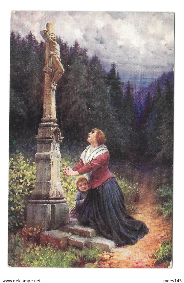 Adolf Adolf Liebscher Czech Artist Woman Praying Shrine Wayside Cross 1915 C H W Postcard - Peintures & Tableaux