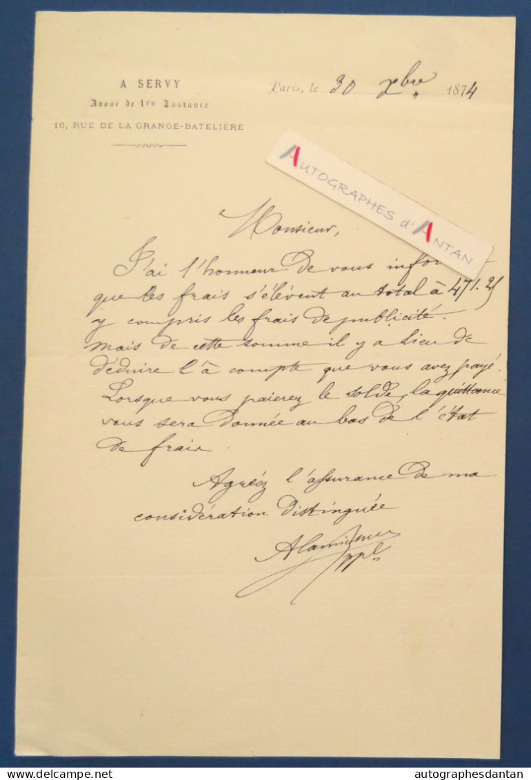 ● Lettre 1874 à M. JOLY (de Montesson) Conservateur Du Mobilier National - A. Servy Avoué - L.A.S - Historische Documenten