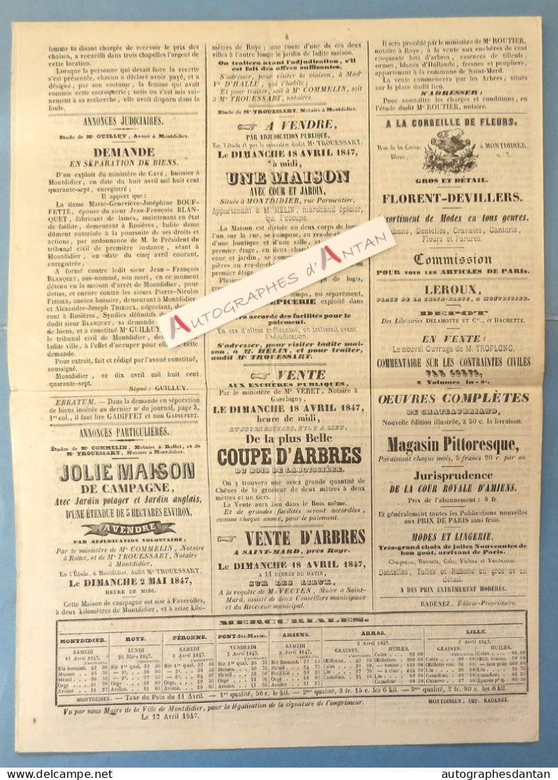 ● Journal De Montdidier Du 11 Avril 1847 - 4 Pages - Publicités - Cour Royale D'Amiens - Voir Mes 3 Photos - SOMME 80 - 1800 - 1849