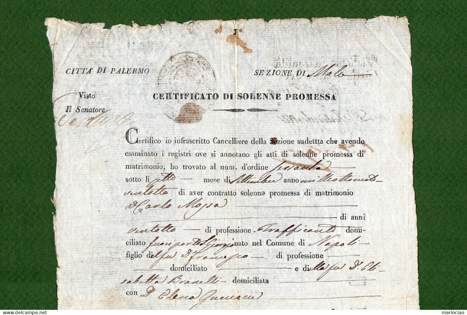 D-IT Regno Delle Due Sicilie 1827 Palermo SOLENNE PROMESSA DI MATRIMONIO - Historical Documents