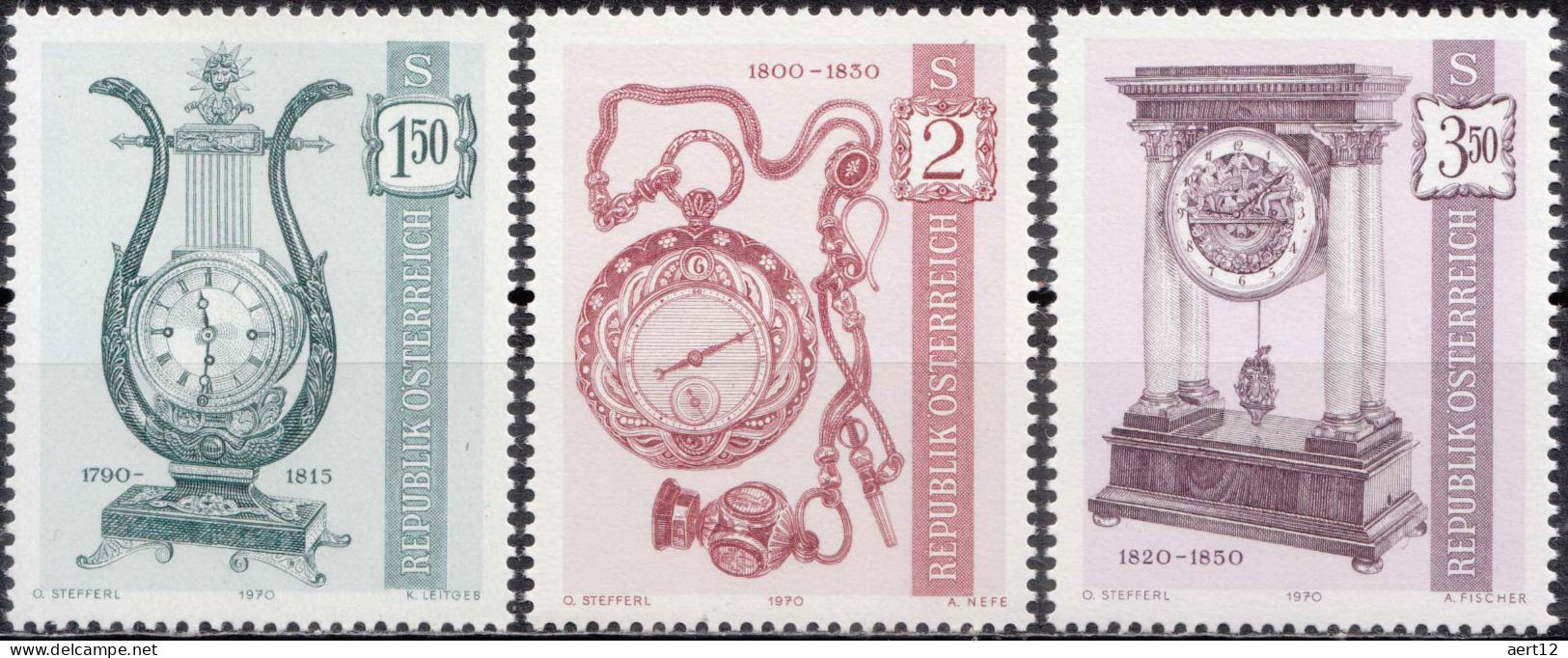 1970, Austria, Clocks, Watches, MNH(**), Mi: 1344-1346 - Neufs