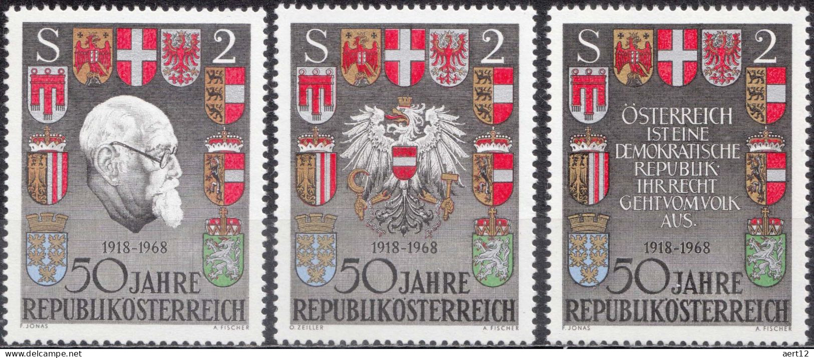 1968, Austria, Austrian Republic, Coats Of Arms, Famous People, Heads Of State, Heraldic Animals, MNH(**), Mi: 1273-1275 - Unused Stamps