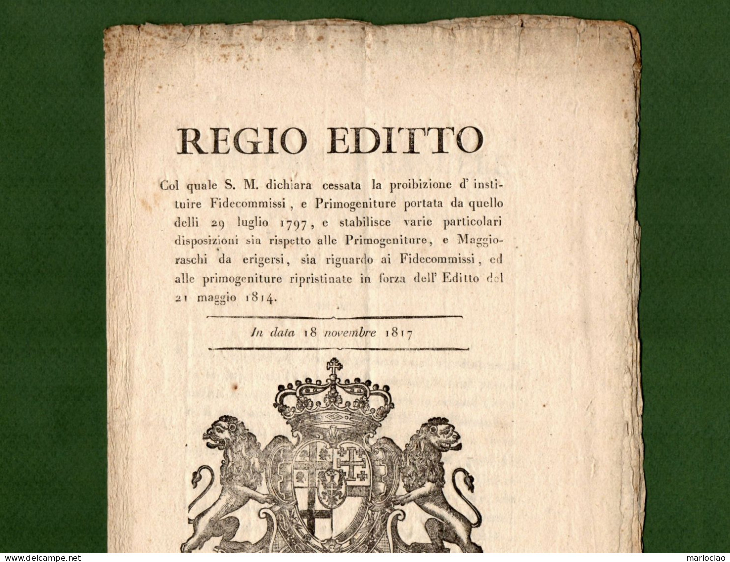 D-IT Regno Di Sardegna 1817 Ripristino DIRITTI FEUDALI Primogeniture (MAGGIORASCO) E Fidecommessi - Documentos Históricos