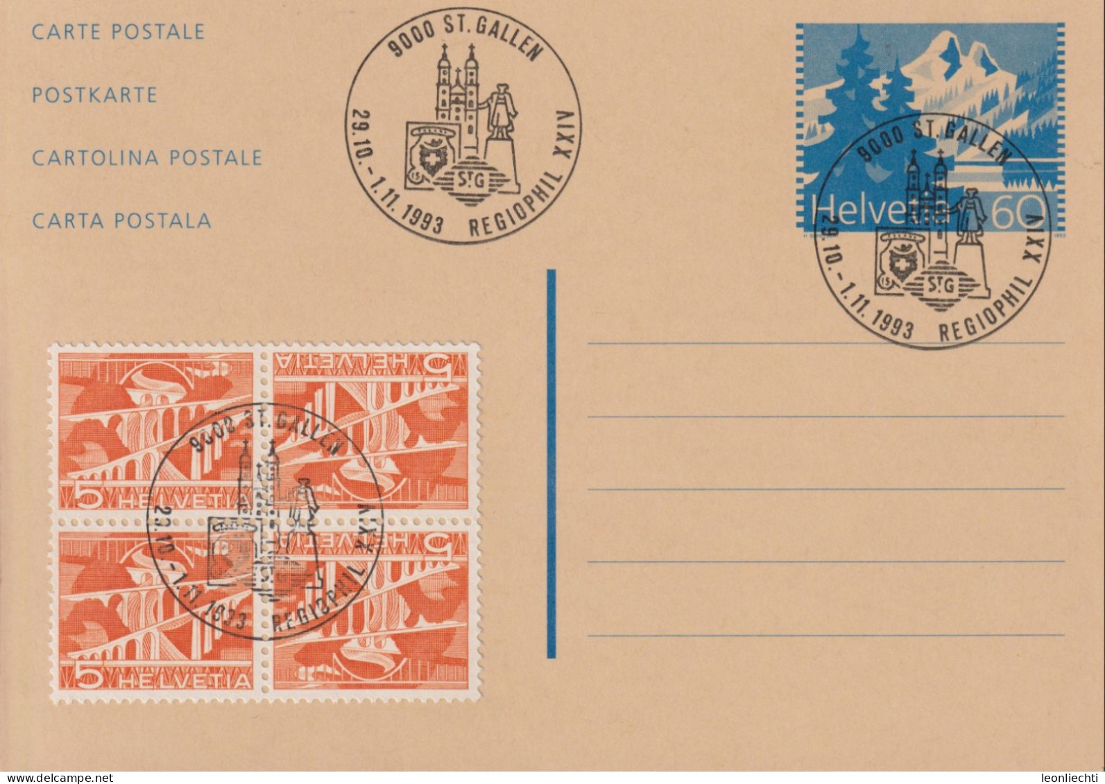 1993, Schweiz GS Postkarte Zum:219 60 Ctc. Blau + K41 4er Block, ⵙ 9000 ST.GALLEN, REGIOPHIL XXIV - Enteros Postales