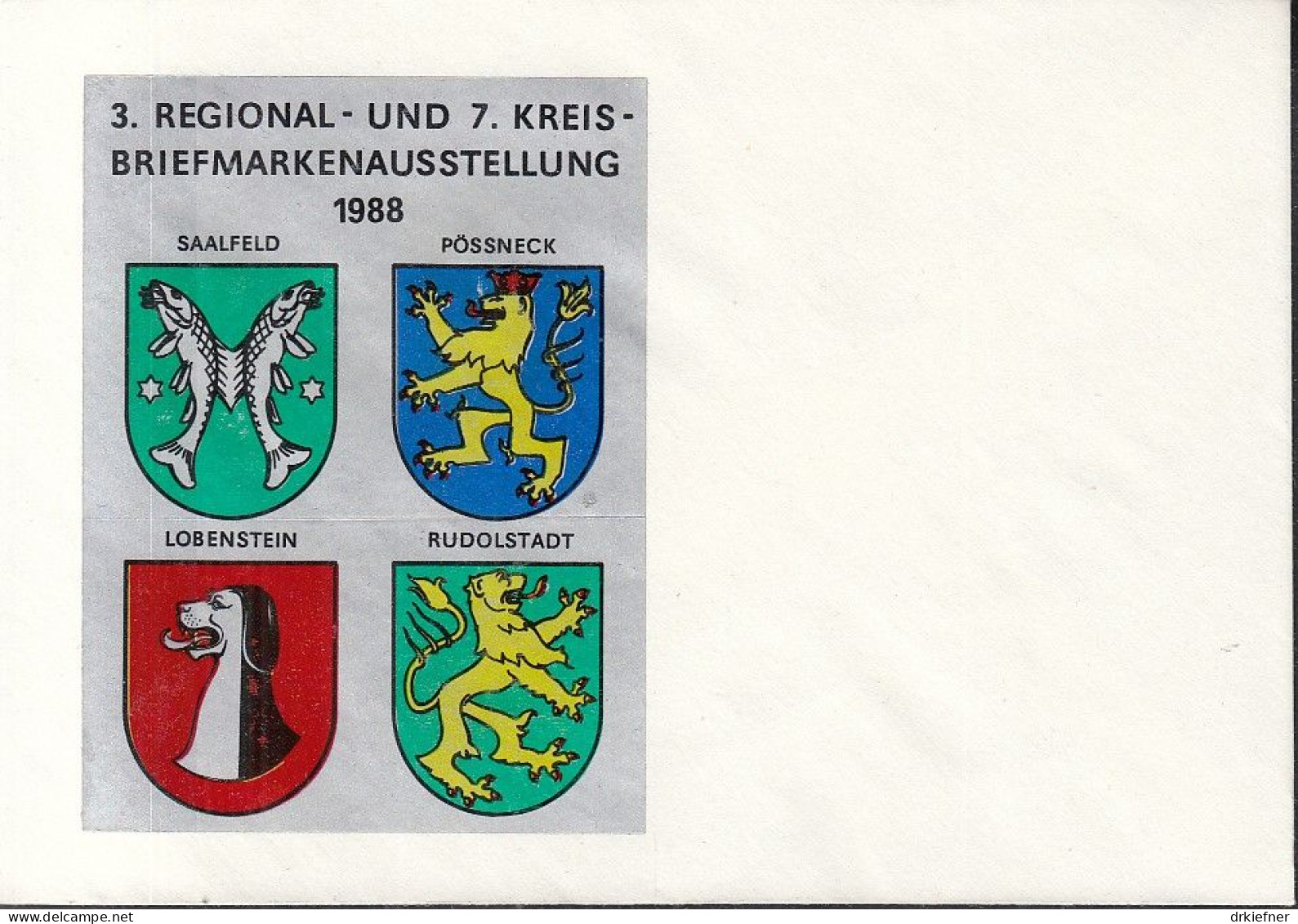 VIGNETTENBLOCK Auf Briefumschlag Zur Briefmarkenausstellung 1988, Saalfeld, Pössneck, Lobenstein, Rudolstadt - Vignetten (Erinnophilie)
