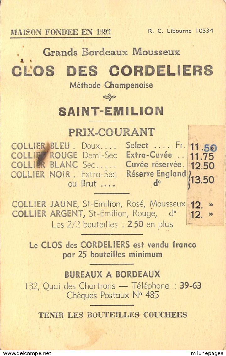 Carte Publicitaire Et Tarif Des Vins Mousseux Du Clos Des Cordeliers à St Emilion En Gironde Sur Carte Du Cloitre - Werbepostkarten