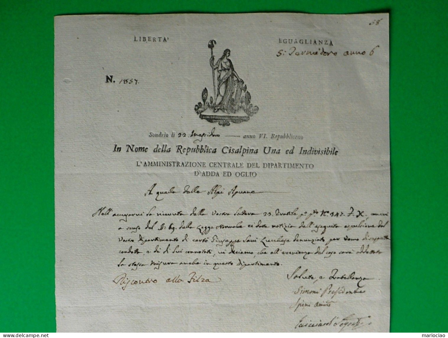 D-IT Repubblica Cisalpina 1798 SONDRIO Dipartimento ADDA ED OGLIO - Historische Documenten