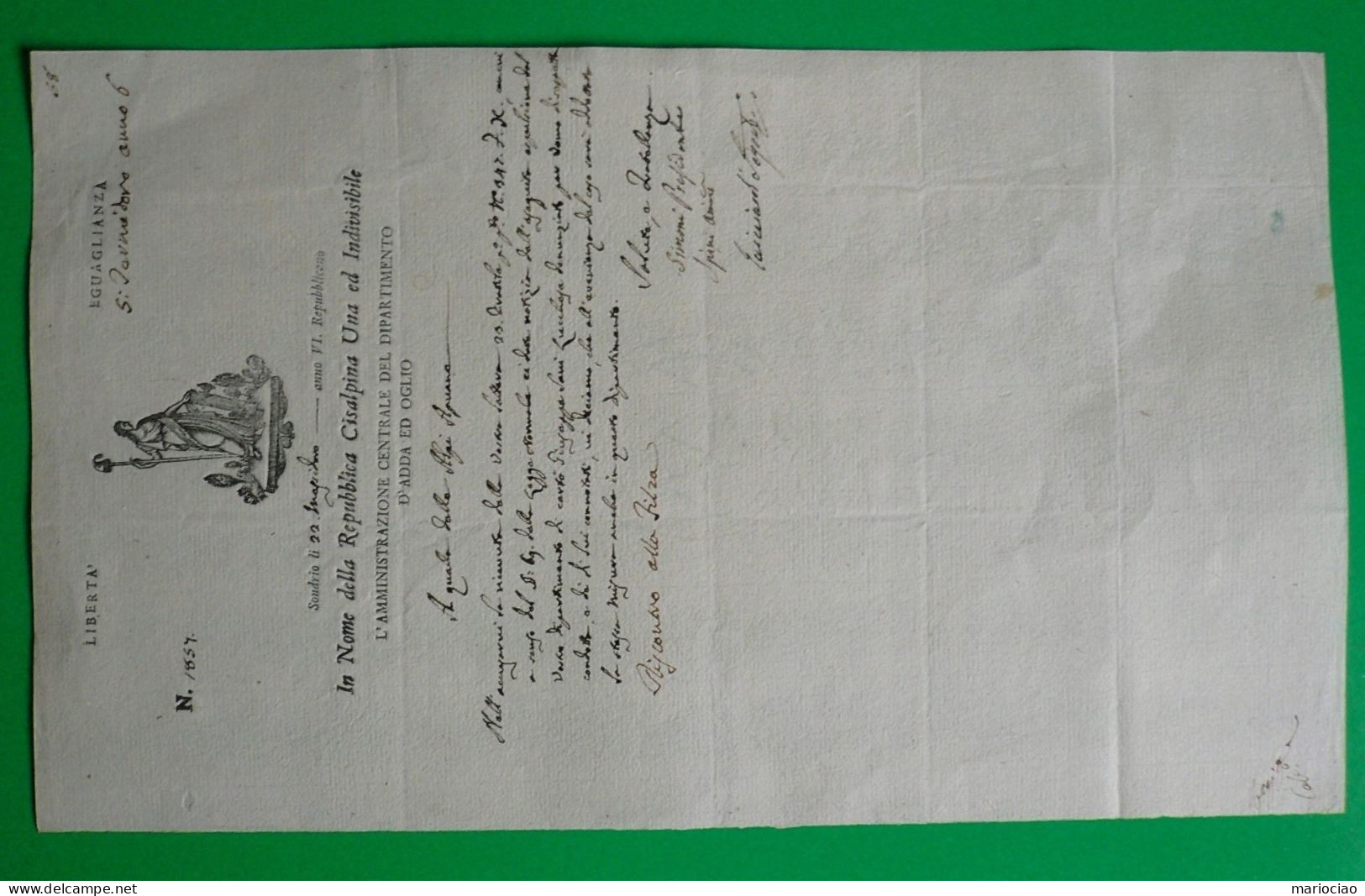 D-IT Repubblica Cisalpina 1798 SONDRIO Dipartimento ADDA ED OGLIO - Historische Documenten