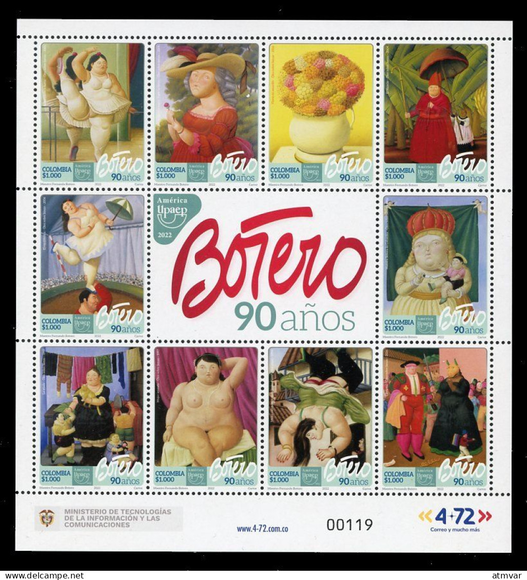 COLOMBIA (2022) AMERICA UPAEP Botero 90 Años, Maestro Fernando Botero, Arte, Art, Paintings - Mint Sheet - Colombia