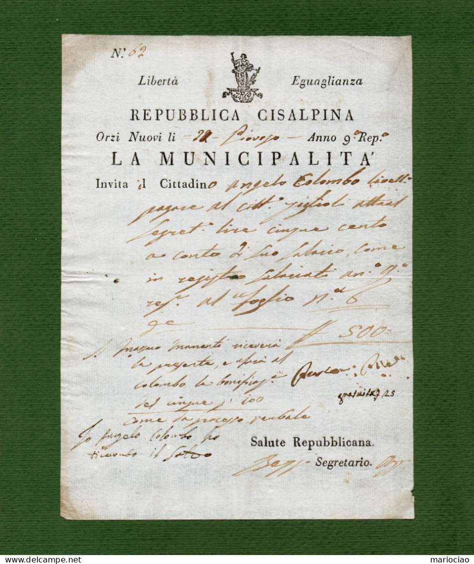 D-IT Repubblica Cisalpina 1801 Orzinuovi Brescia Anno 9^ Rep - Historische Documenten