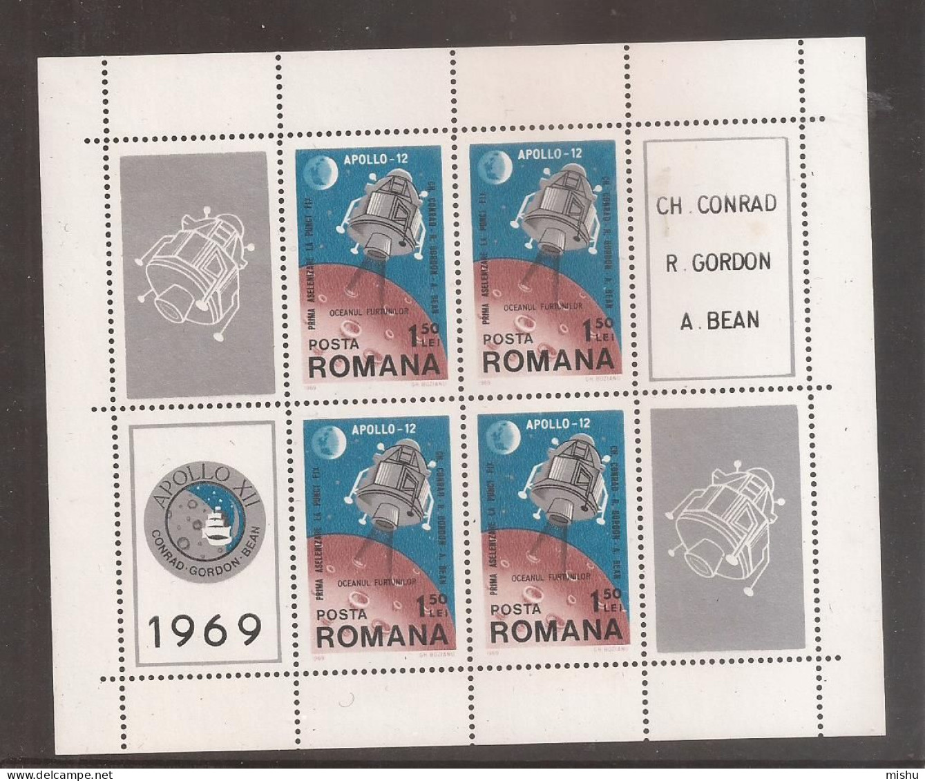 LP 715 A Romania-1969-COSMOS IV APOLLO 12 BLOC DE 4 MARCI + 4 VINIETE DIFERITE - Sonstige & Ohne Zuordnung