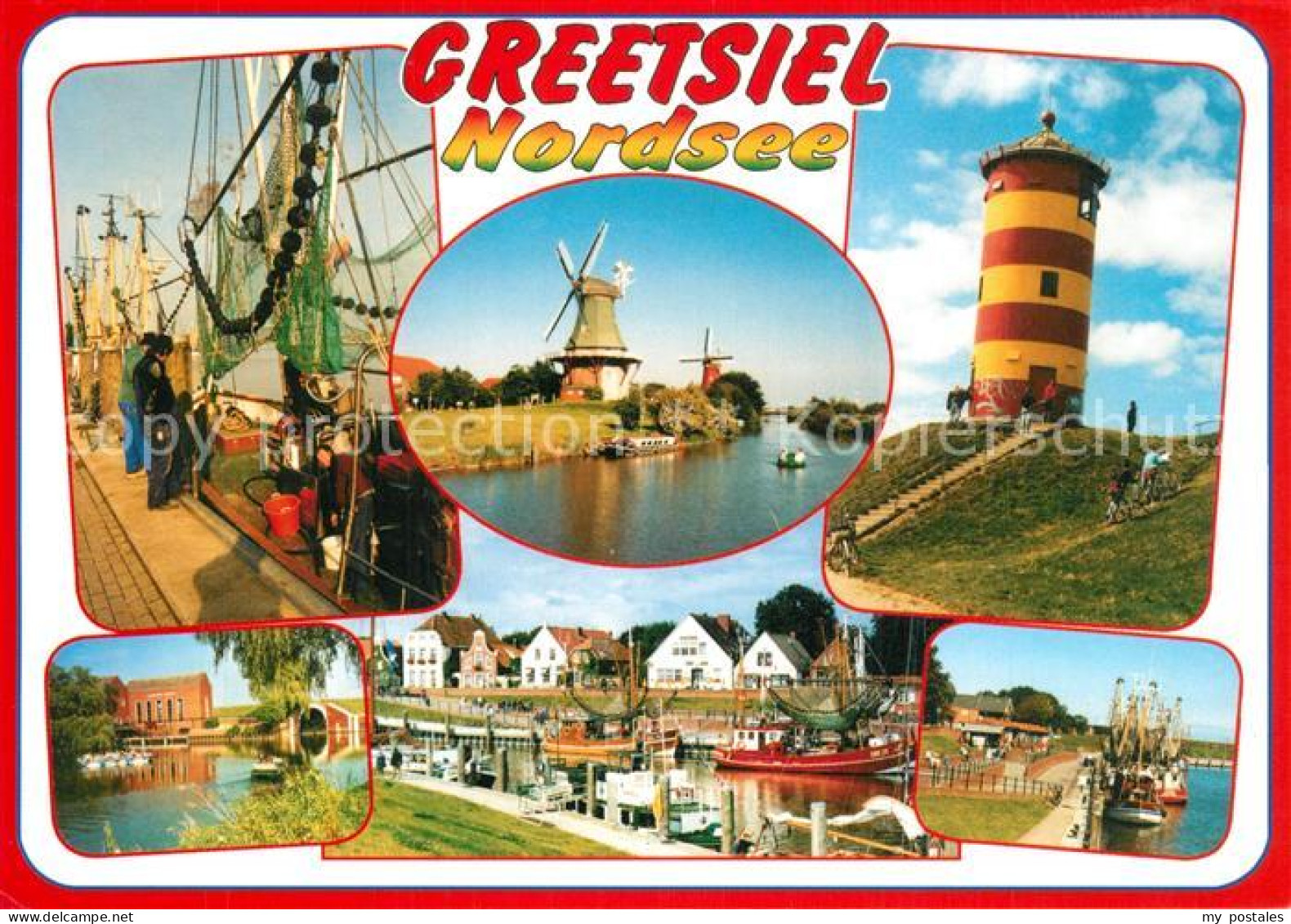 73599873 Greetsiel Fischerhafen Fischkutter Windmuehle Leuchtturm Greetsiel - Krummhoern