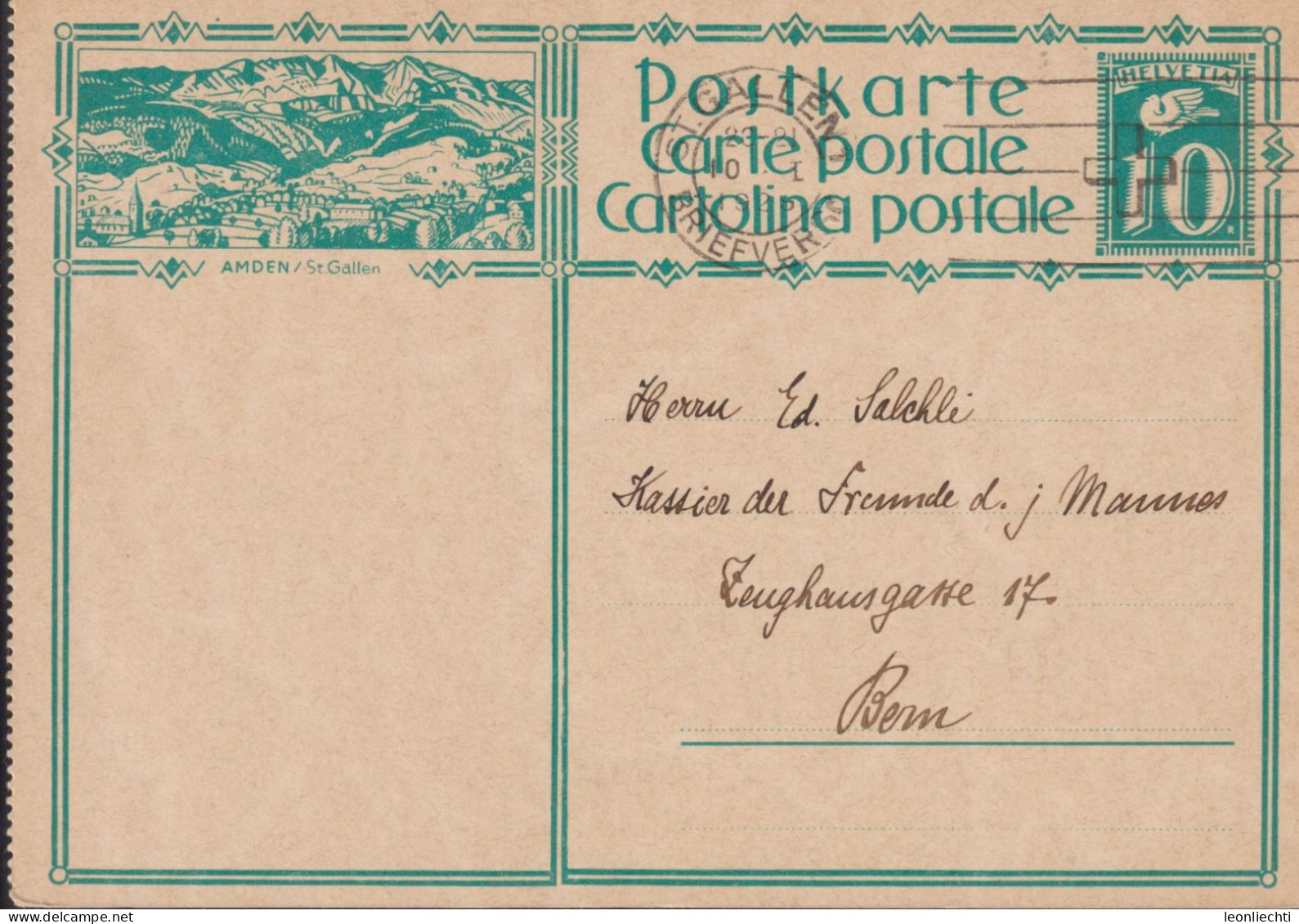 1928,Schweiz Postkarte Zum:CH 115y-001, 10 Cts Blaugrün AMDEN / ST. Gallen, ⵙ ST GALLEN - Entiers Postaux