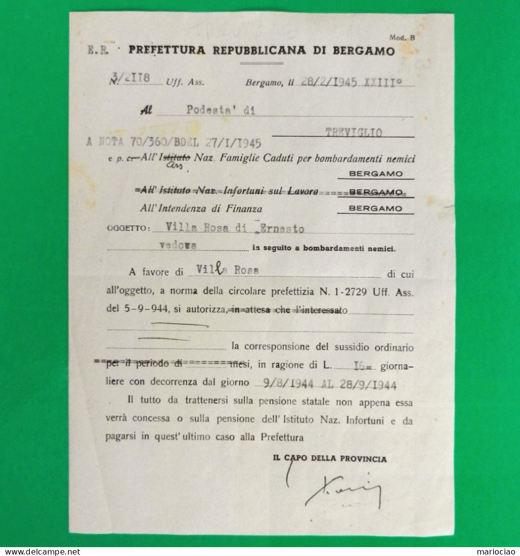 D-IT RSI Repubblica Sociale Italiana 1945 BERGAMO Prefettura Repubblicana Al Podestà Di TREVIGLIO - Historical Documents