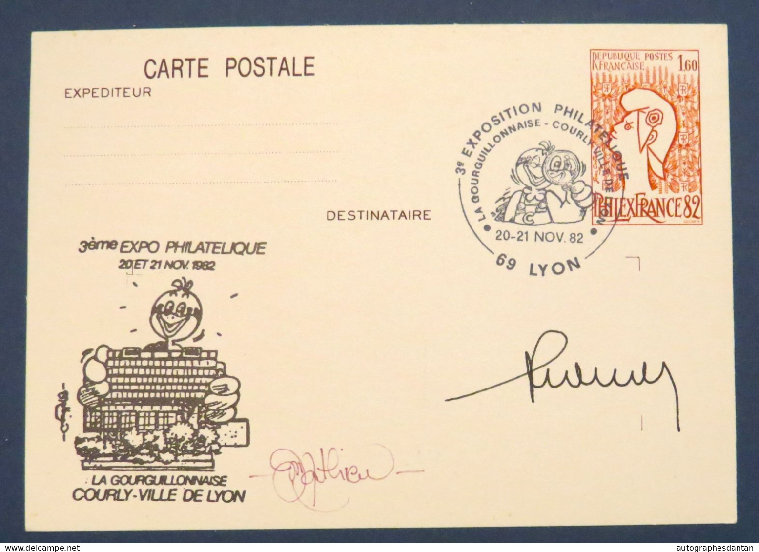 ● Signature Francisque COLLOMB Maire Lyon 1982 Courly Expo Philatélique La Gourguillonnaise PhilexFrance Entier Postal - Politiek & Militair