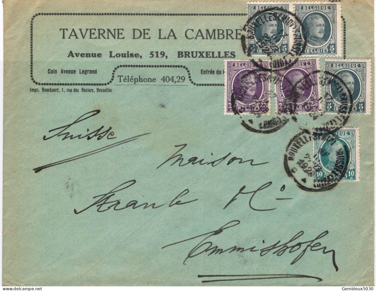(01) Belgique  3 X N° 193 + 194 + 2 X 197  Sur Enveloppe écrite De Bruxelles Vers Emmishofen Suisse - 1922-1927 Houyoux