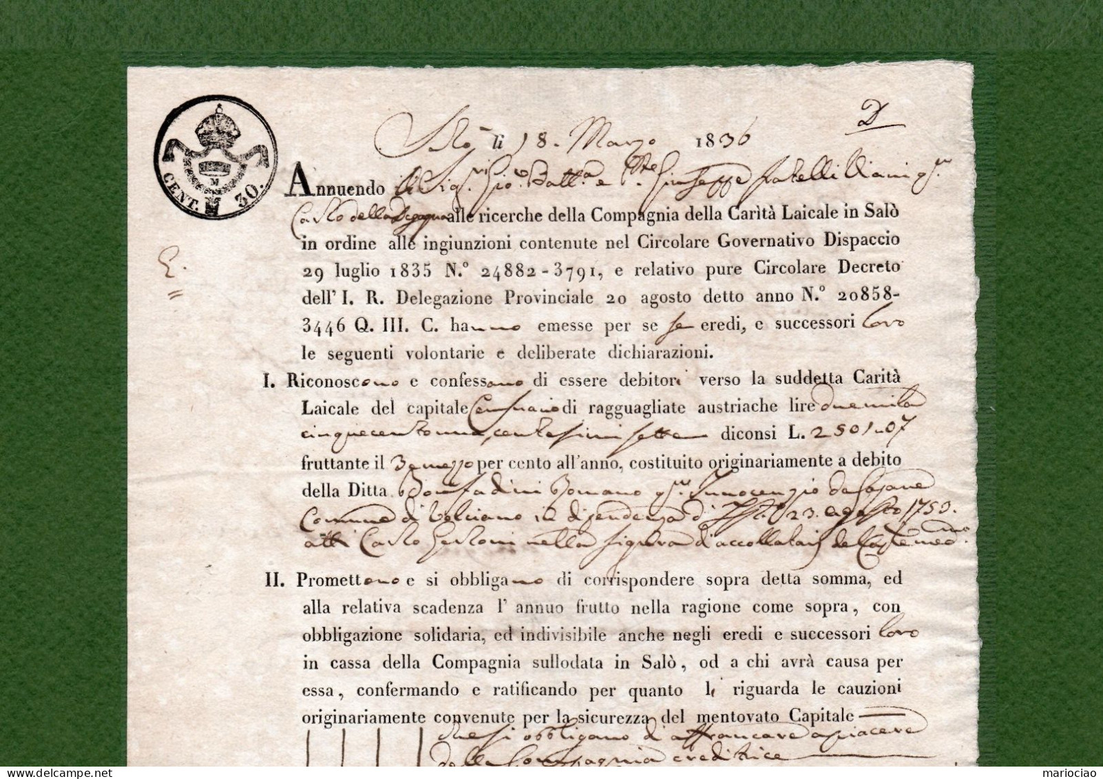 D-IT SALÒ (Brescia) 1836 Compagnia Della Carità Laicale Attestazione Debito In Forma Di OBBLIGAZIONE - Otros & Sin Clasificación