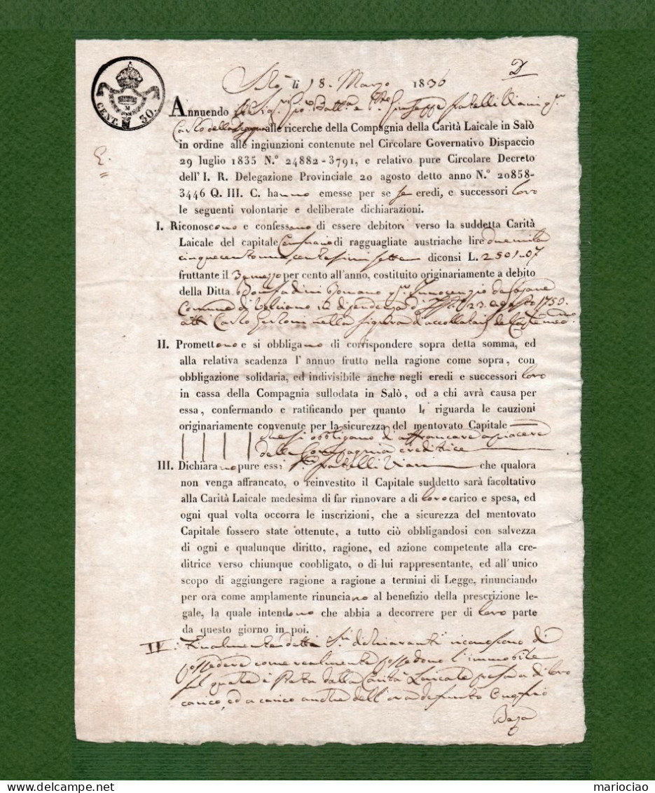 D-IT SALÒ (Brescia) 1836 Compagnia Della Carità Laicale Attestazione Debito In Forma Di OBBLIGAZIONE - Otros & Sin Clasificación