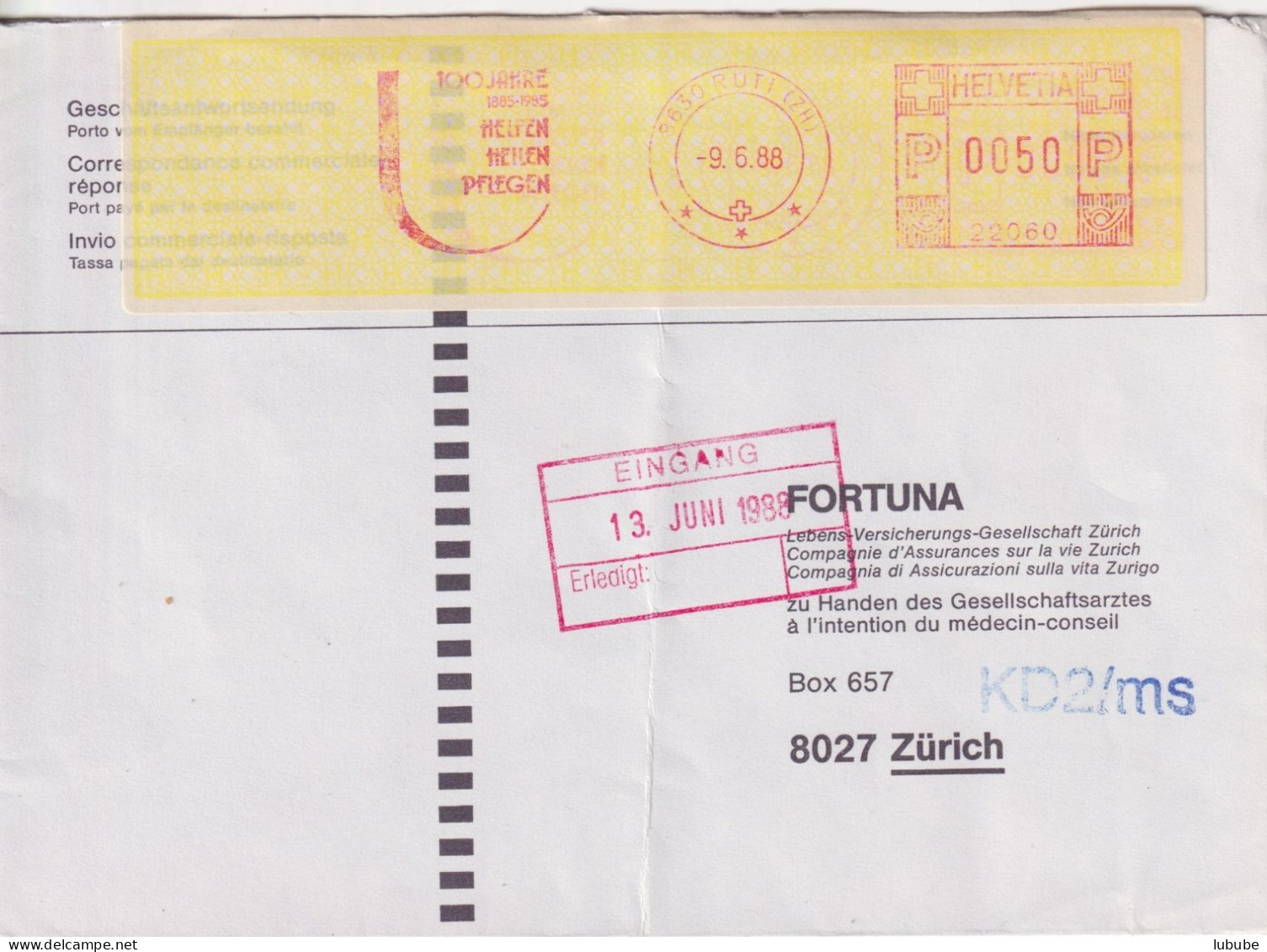 Brief  Rüti ZH - Zürich  (Freistempel 100 Jahre Bezirksspital)      1988 - Lettres & Documents