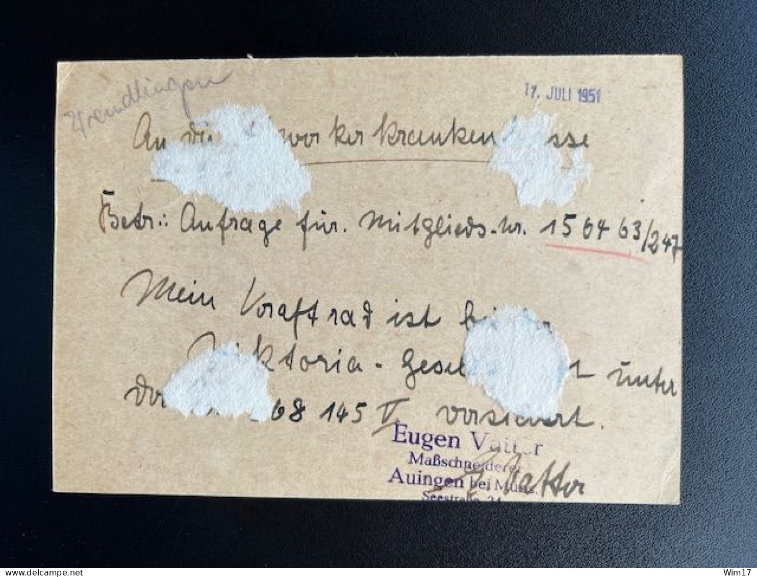 GERMANY 1947 POSTCARD AUINGEN BEI MUNSINGEN TO STUTTGART 16-07-1951 DUITSLAND DEUTSCHLAND - Covers & Documents