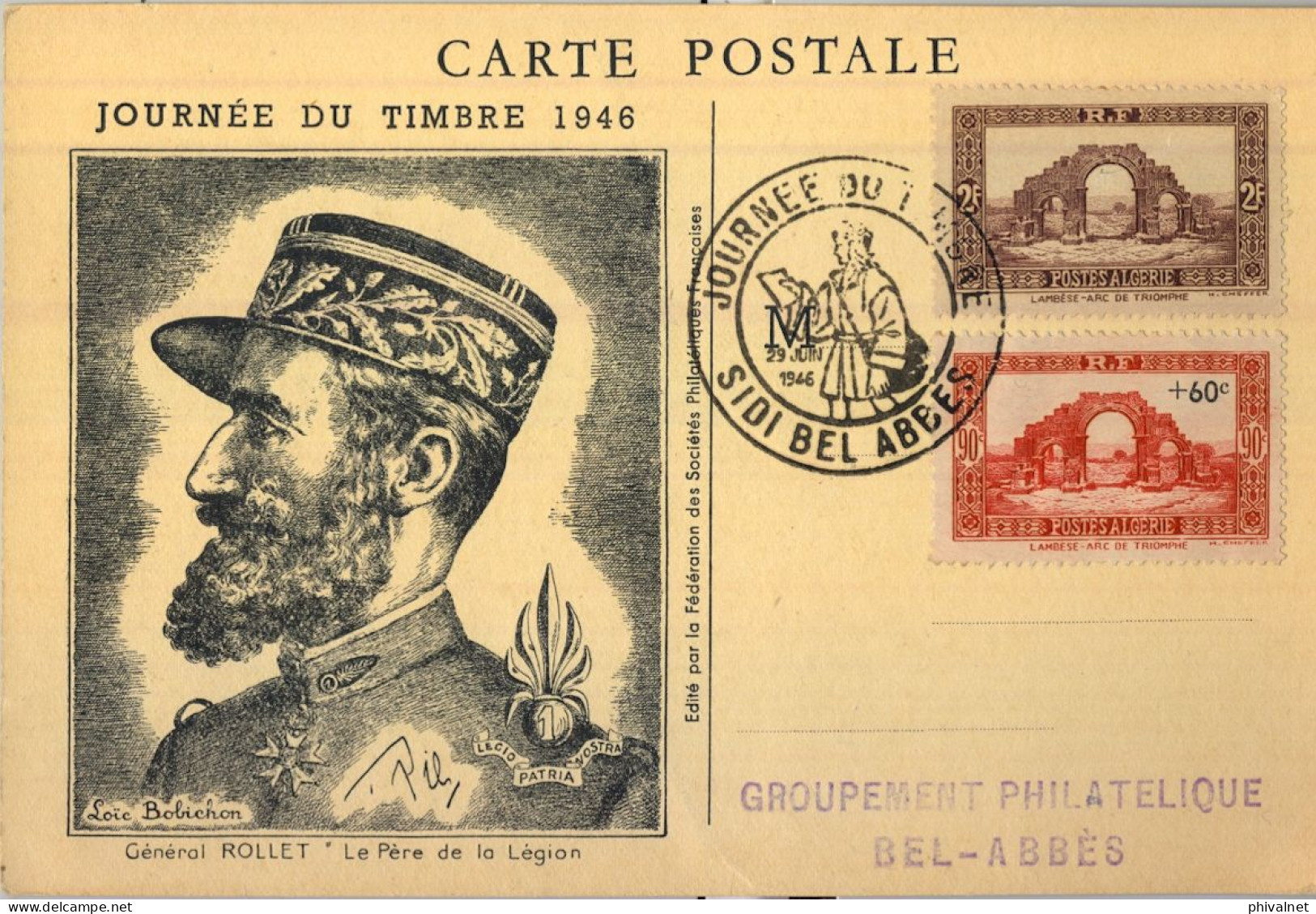 1946 ARGELIA , SIDI BEL ABBES / JOURNÉE DU TIMBRE , CARTE POSTALE , GRAL. ROLLET - Lettres & Documents