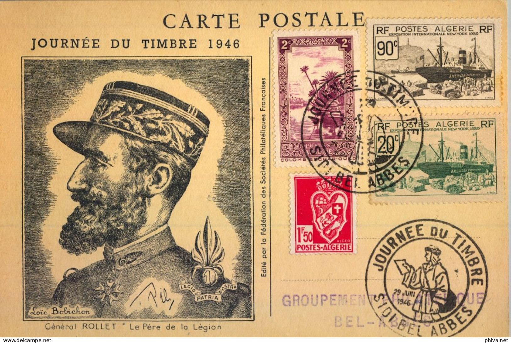 1946 ARGELIA , SIDI BEL ABBES / JOURNÉE DU TIMBRE , CARTE POSTALE , GRAL. ROLLET - Covers & Documents