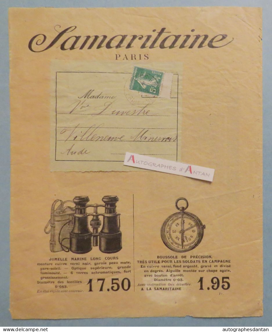 ● Samaritaine Paris à Mme Duvestre Villeneuve Minervois (Aude) Vieille Pochette Enveloppe Publicitaire Jumelle Boussole - Publicidad
