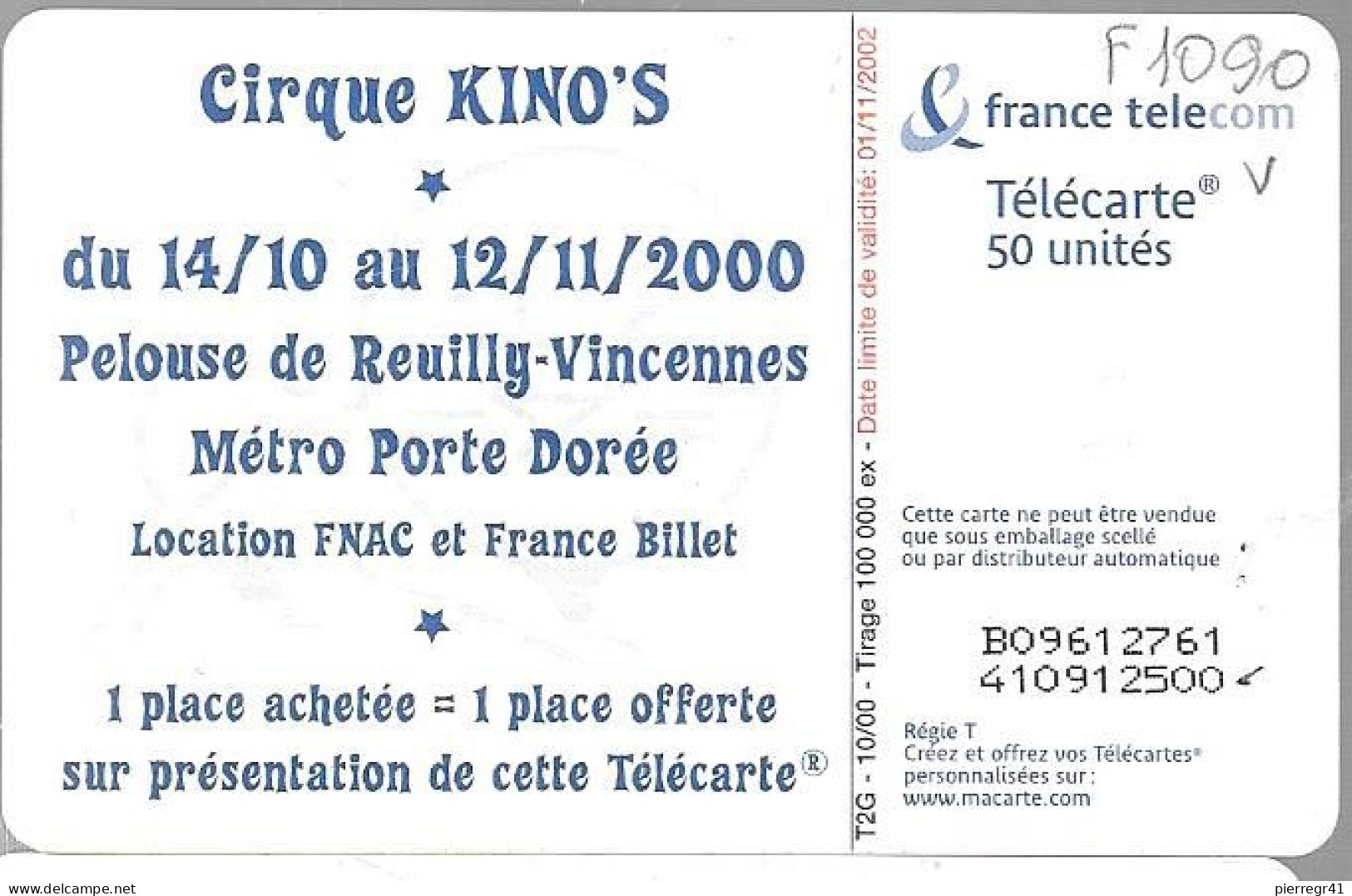 CARTE-PUBLIC-F 1090--50U-GEM2-CIRQUE KINOS-PARIS-UTILISE-TB E- - 2000