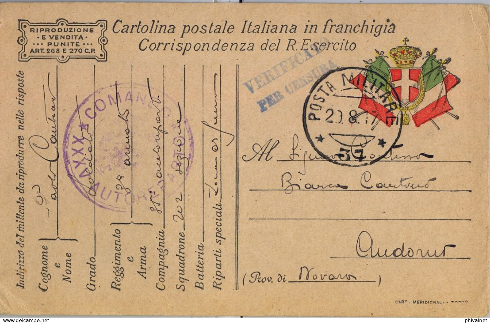 1917 POSTA MILITARE , FRANQUICIA " XXXV / AUTOREPARTO / COMANDO " CENSURA , NOVARA - Poste Militaire (PM)