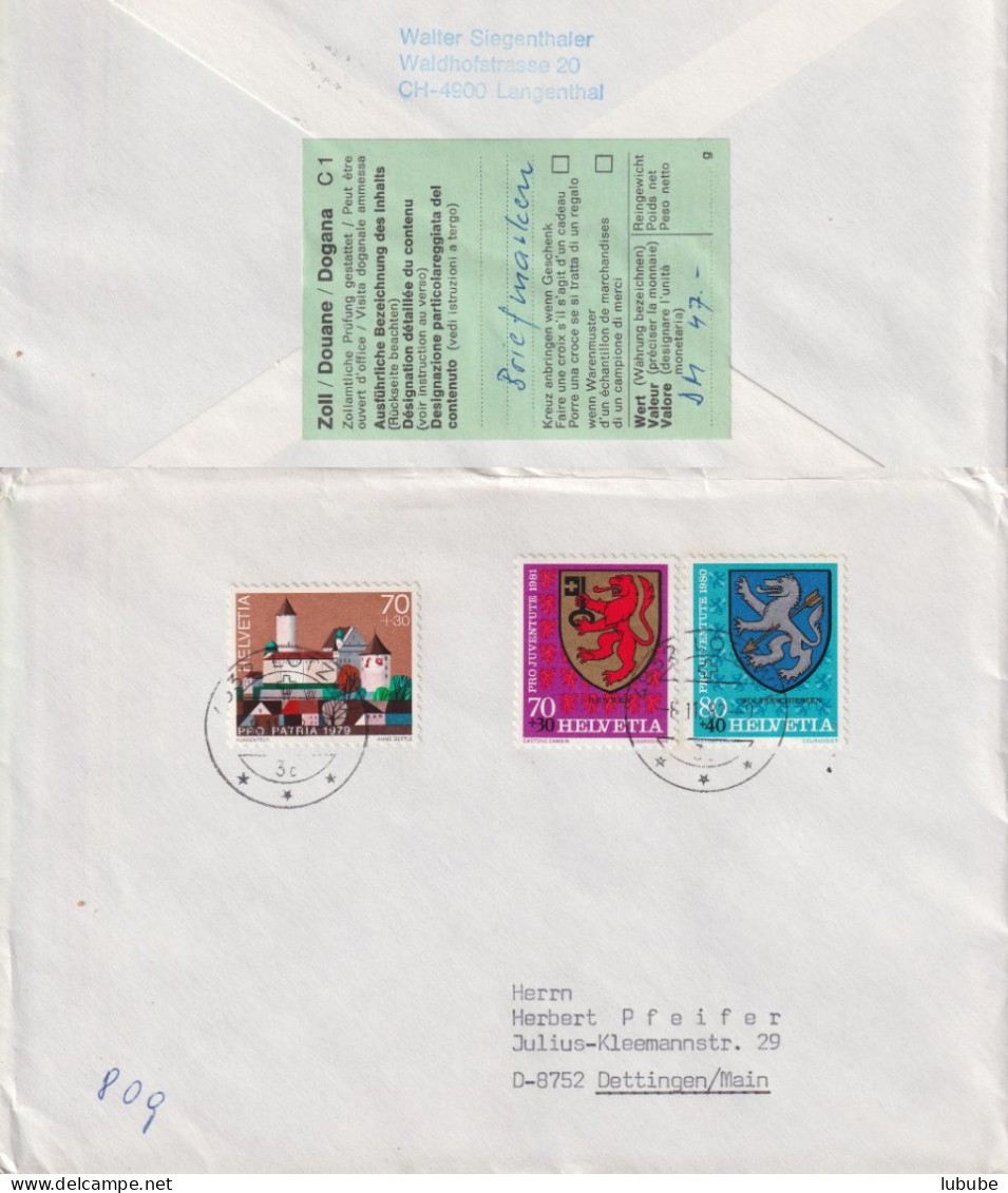 Auslandbrief  Lotzwil - Dettingen D  (3.Gewichtsstufe / Zolletikette)      1982 - Covers & Documents