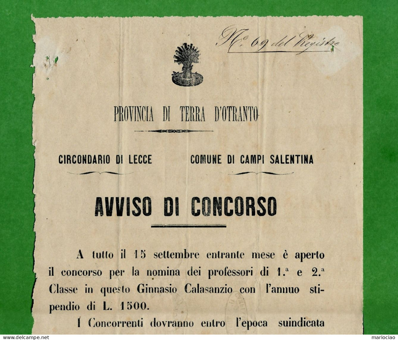 D-IT Terra D'Otranto 1879 LECCE Campi Salentina Con Francobollo Di Sato 2C Su 10L - Documentos Históricos