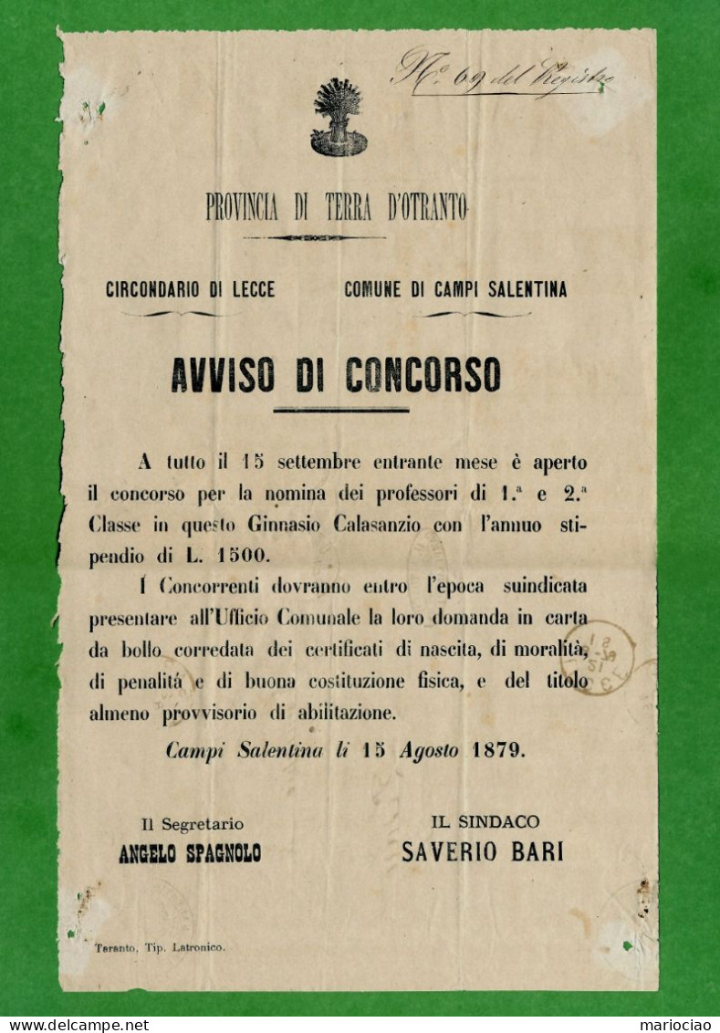 D-IT Terra D'Otranto 1879 LECCE Campi Salentina Con Francobollo Di Sato 2C Su 10L - Documentos Históricos