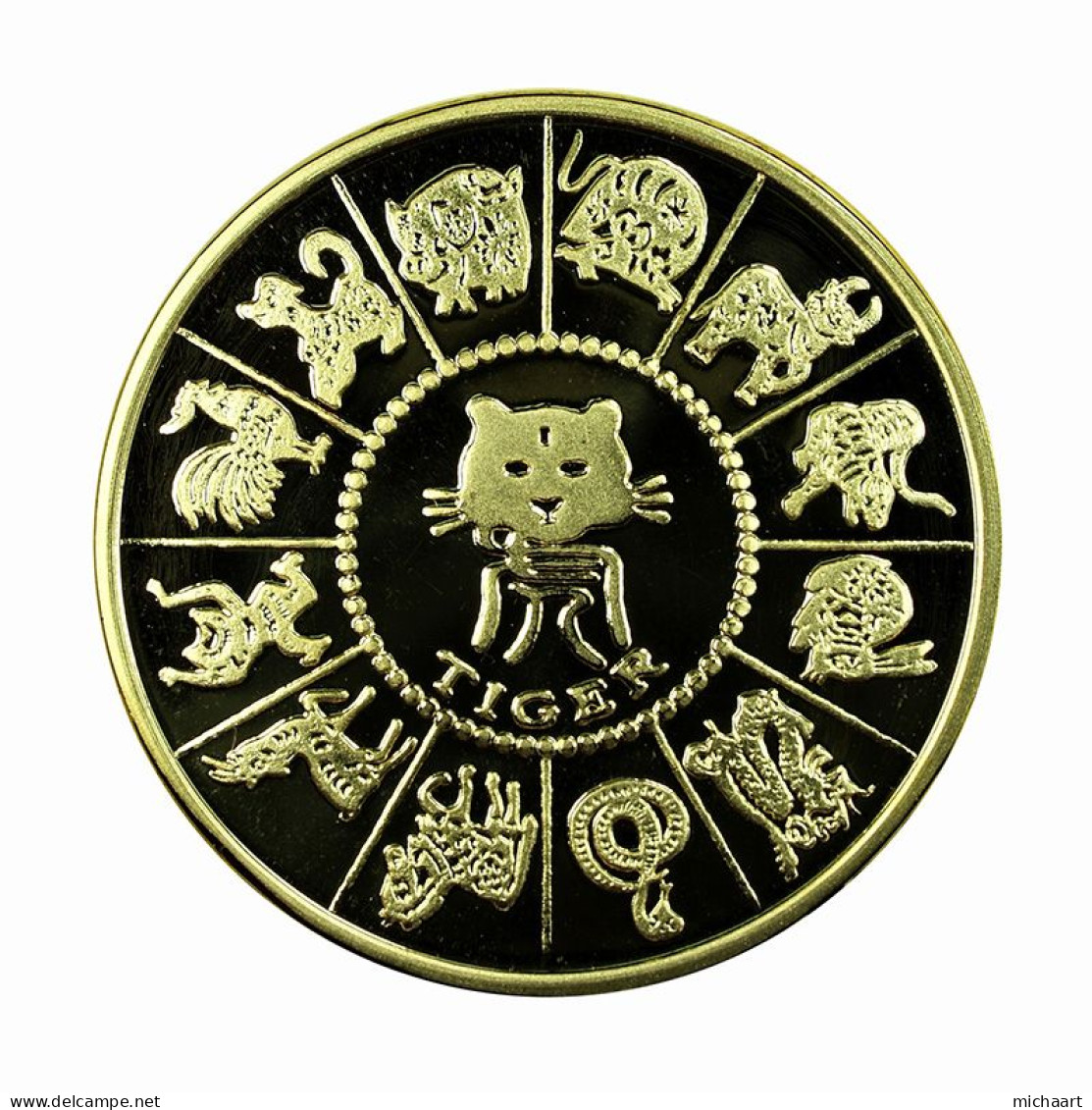 China Medal Zodiac Tiger Proof 40mm Colored Gold Plated 02122 - Other & Unclassified