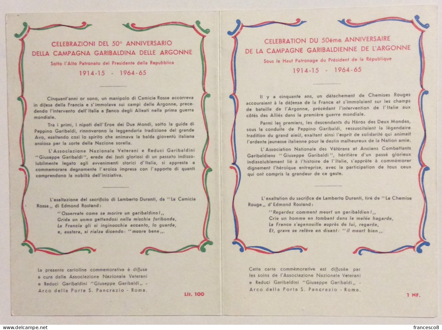 1964 Celebrazioni Del 50° Anniversario Della Campagna Garibaldina Delle Argonne // Garibaldi - Histoire