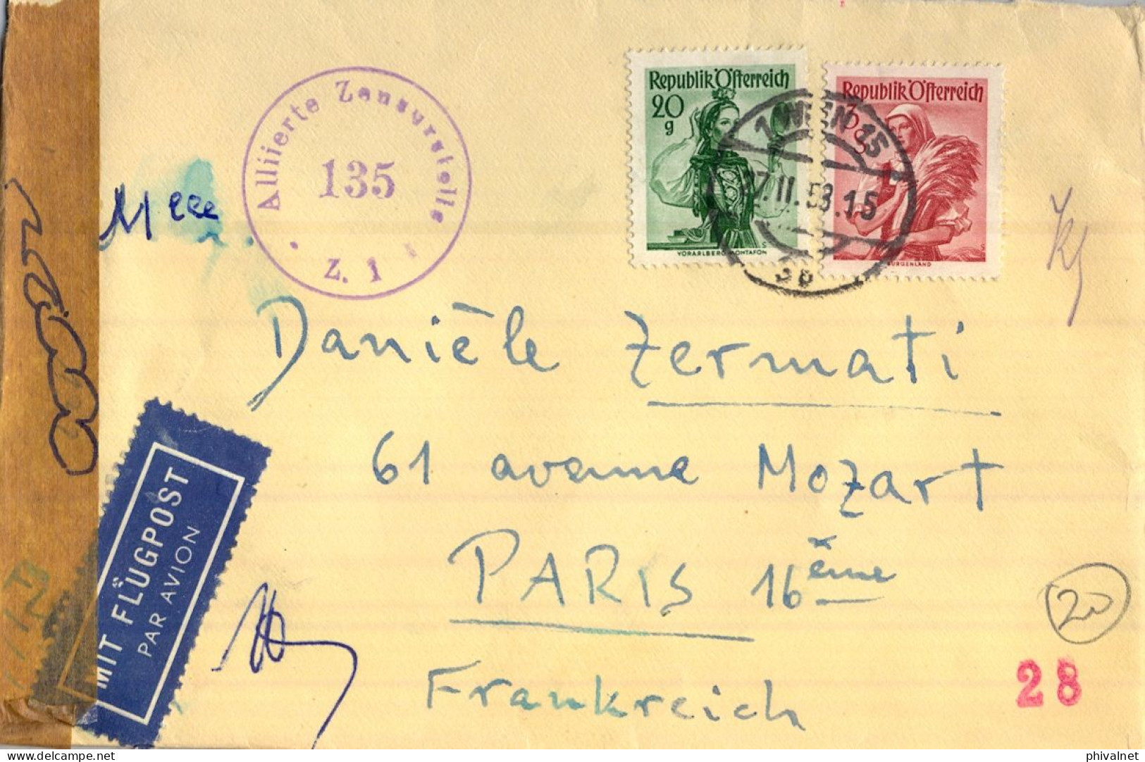 1953 AUSTRIA , VIENA - PARIS , SOBRE CIRCULADO POR CORREO AÉREO , CENSURA - Cartas & Documentos