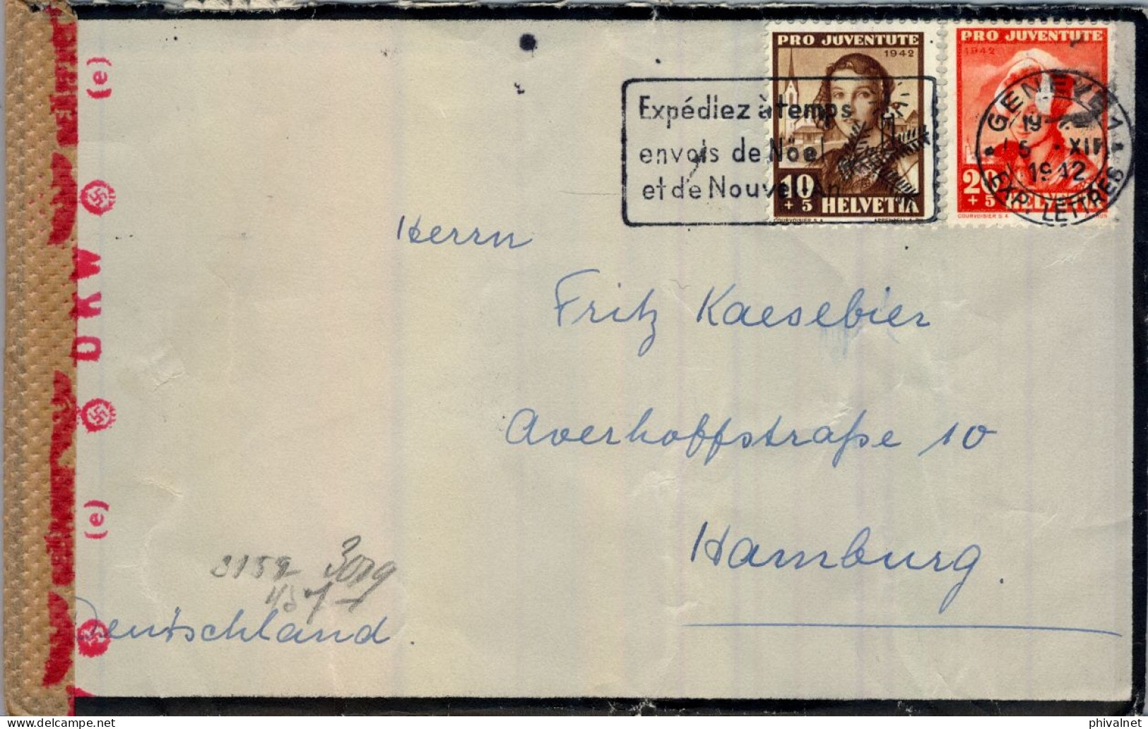 1942 SUIZA , GENEVE - HAMBURG , SOBRE CIRCULADO , CENSURA , PRO JUVENTUTE - Covers & Documents