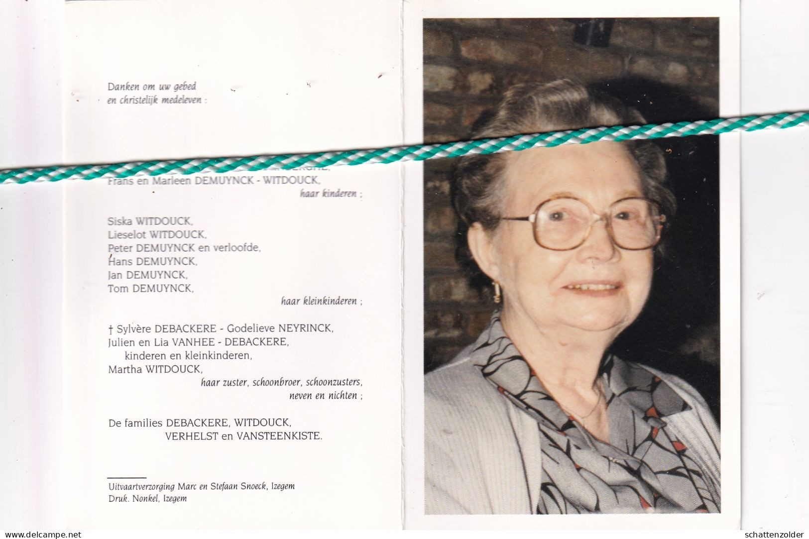 Maria Debackere-Witdouck, Oekene 1910, Roeselare 1994. Foto - Avvisi Di Necrologio