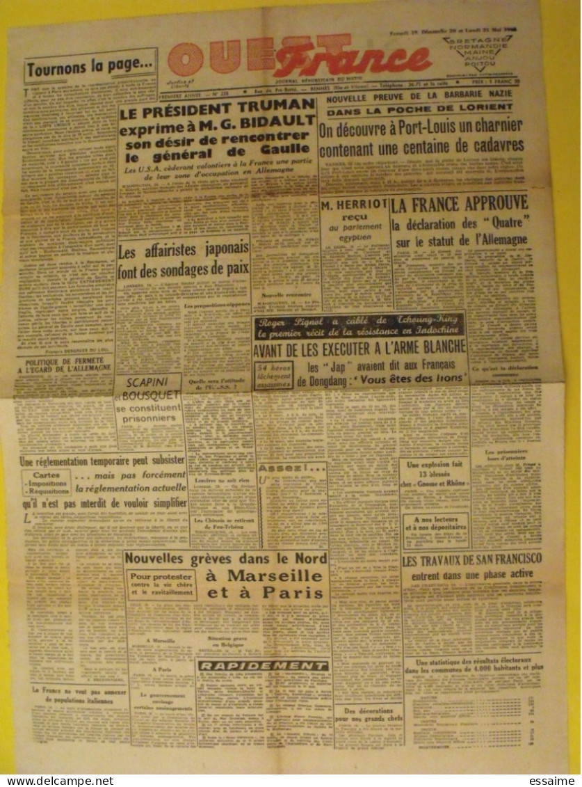 Ouest France N° 238 Du 16 Mai 1945. De Gaulle Bidault Truman Herriot Japon Charnier à Lorient Bousquet Scapini Lheureux - Guerra 1939-45