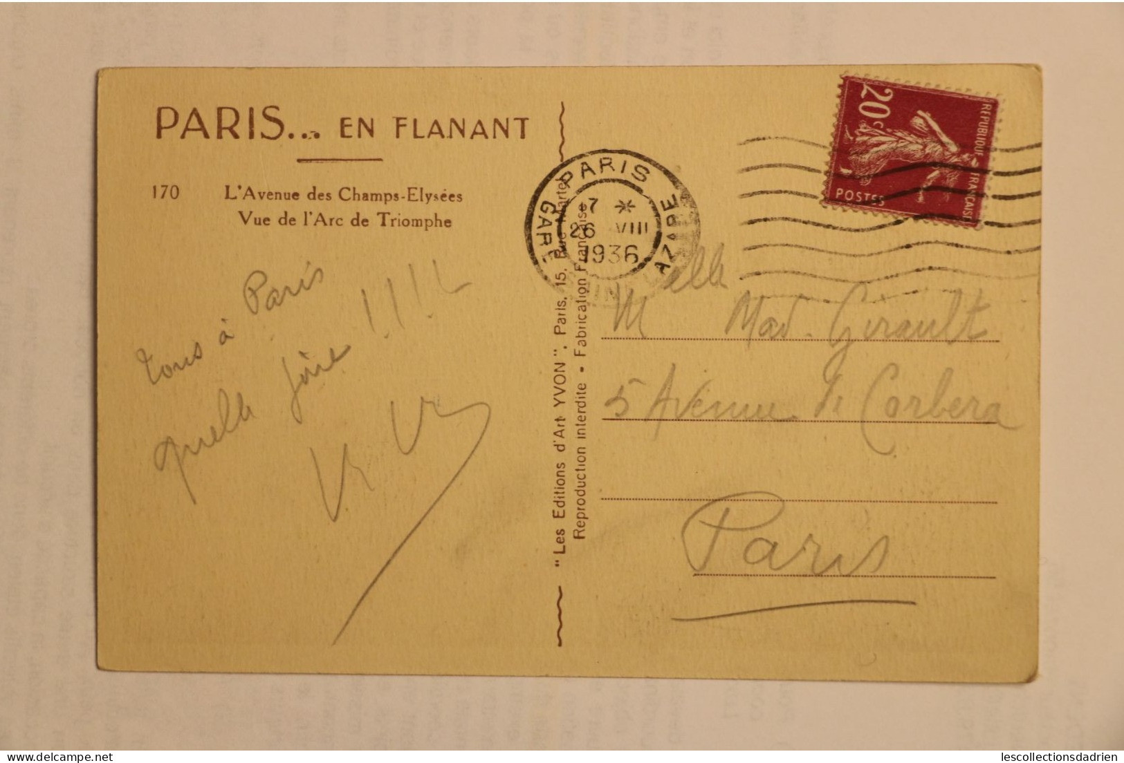Carte postale ancienne - Paris -  Paris en flanant - champs Elysées arc du Triomphe  1936- gare St Lazare oblitération