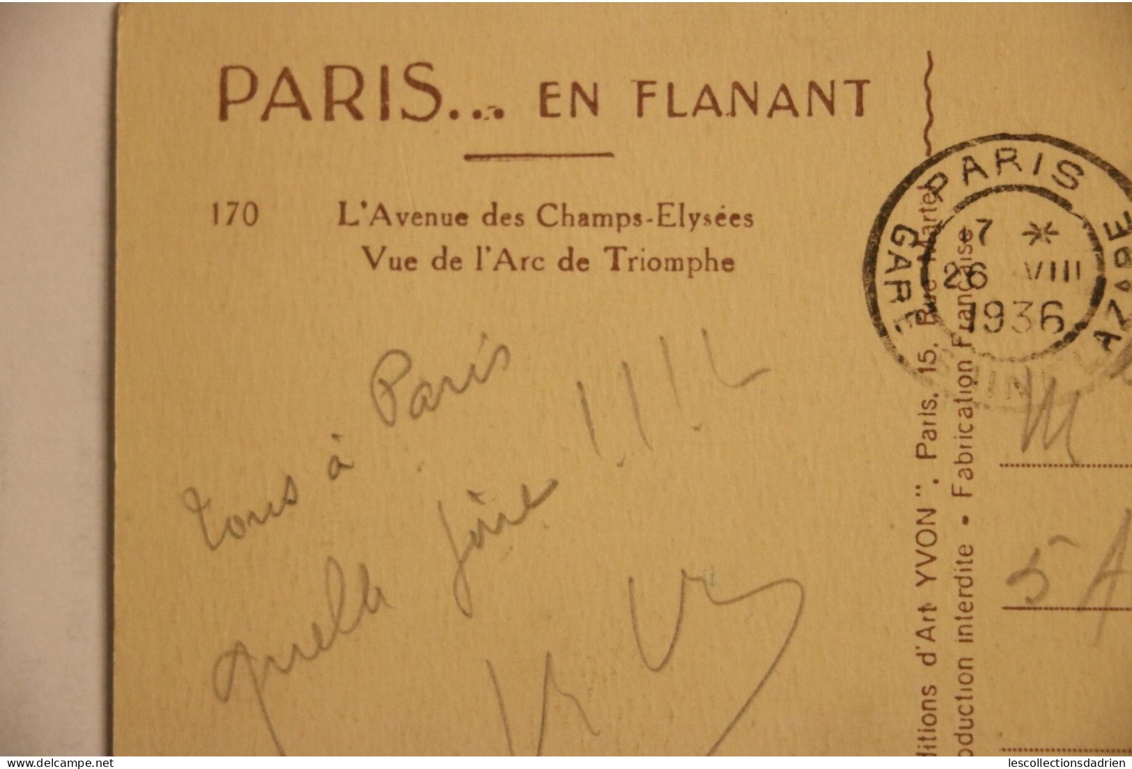 Carte postale ancienne - Paris -  Paris en flanant - champs Elysées arc du Triomphe  1936- gare St Lazare oblitération