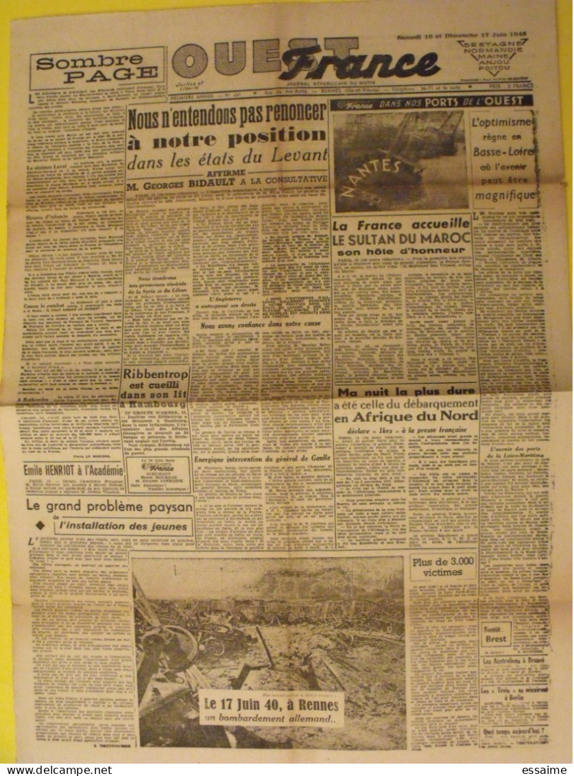 Ouest France N° 261 Du 16 Juin 1945. De Gaulle Bidault Ribbentrop Henriot  Maroc Levant Pétain - Weltkrieg 1939-45