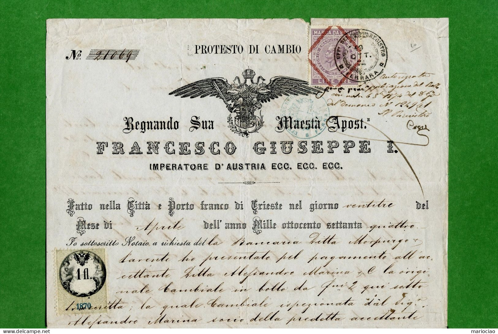 D-IT TRIESTE 1874 Francesco Giuseppe I^ Franz Joseph I^ -Protesto Di Cambio 1 Marca Austriaca + 2 Marche Italiane - Historische Documenten